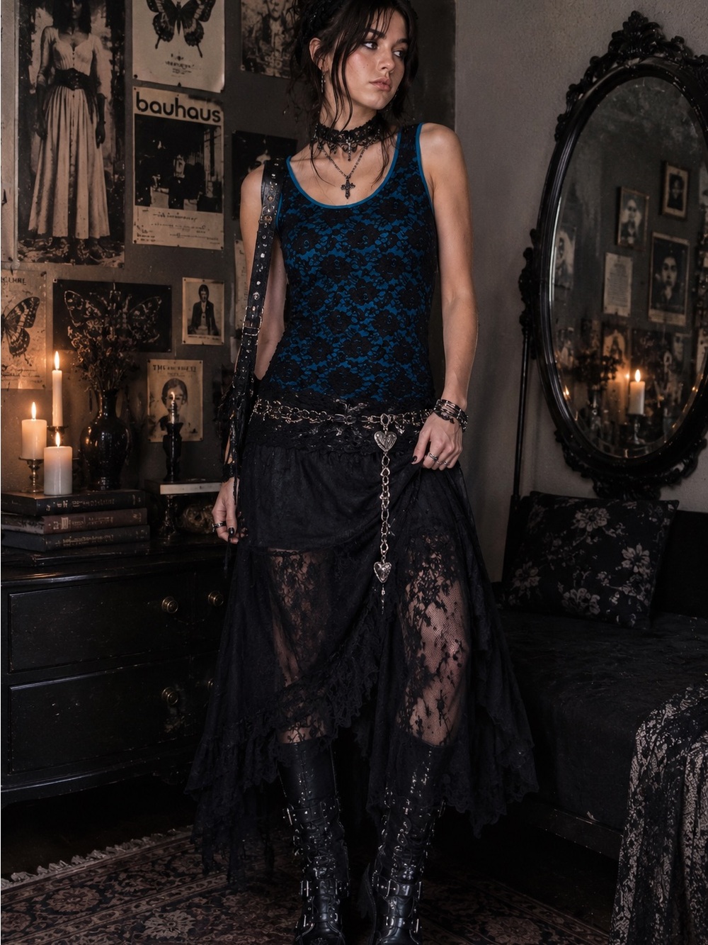Bisou Bisou Lace Tank Y2K Whimsigoth Coquette Blue Black Floral Small